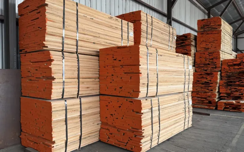 The shipping yard with a large load of custo ripped Red Oak.