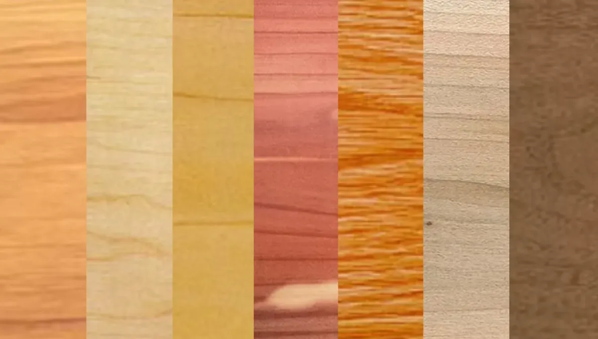 Hardwood lumber styles showing typical grain and colors.