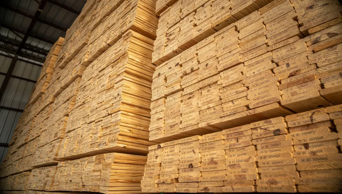 Stacked lumber in storage.