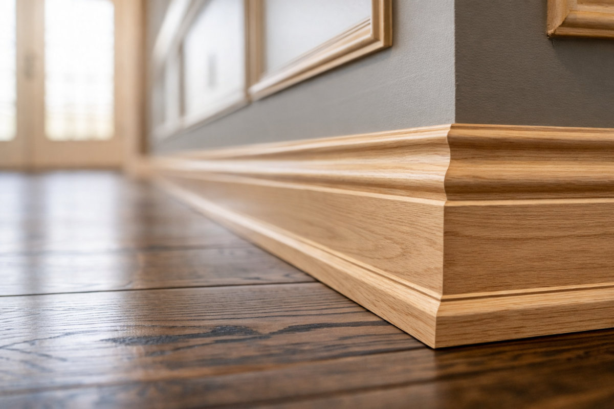 Closeup of unpainted oak base moulding.