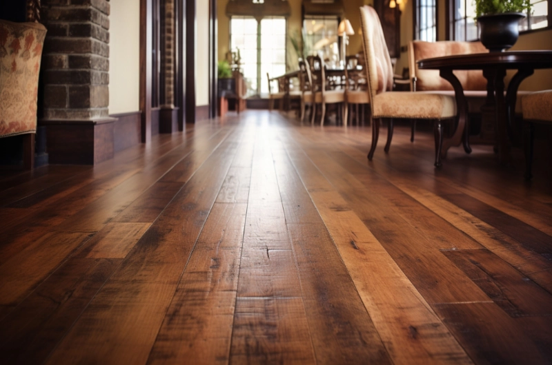 A modern wood plank floor designed with a recycled wood finish.