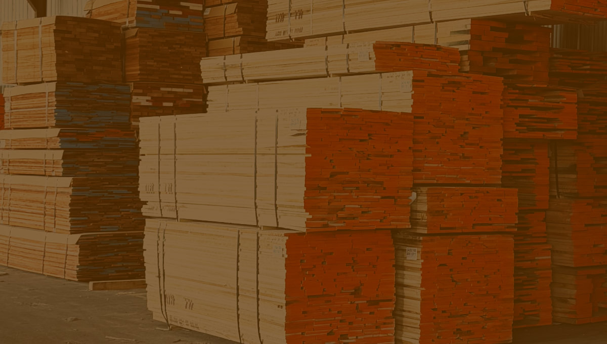 Hardwood lumber stacked in warehouse.